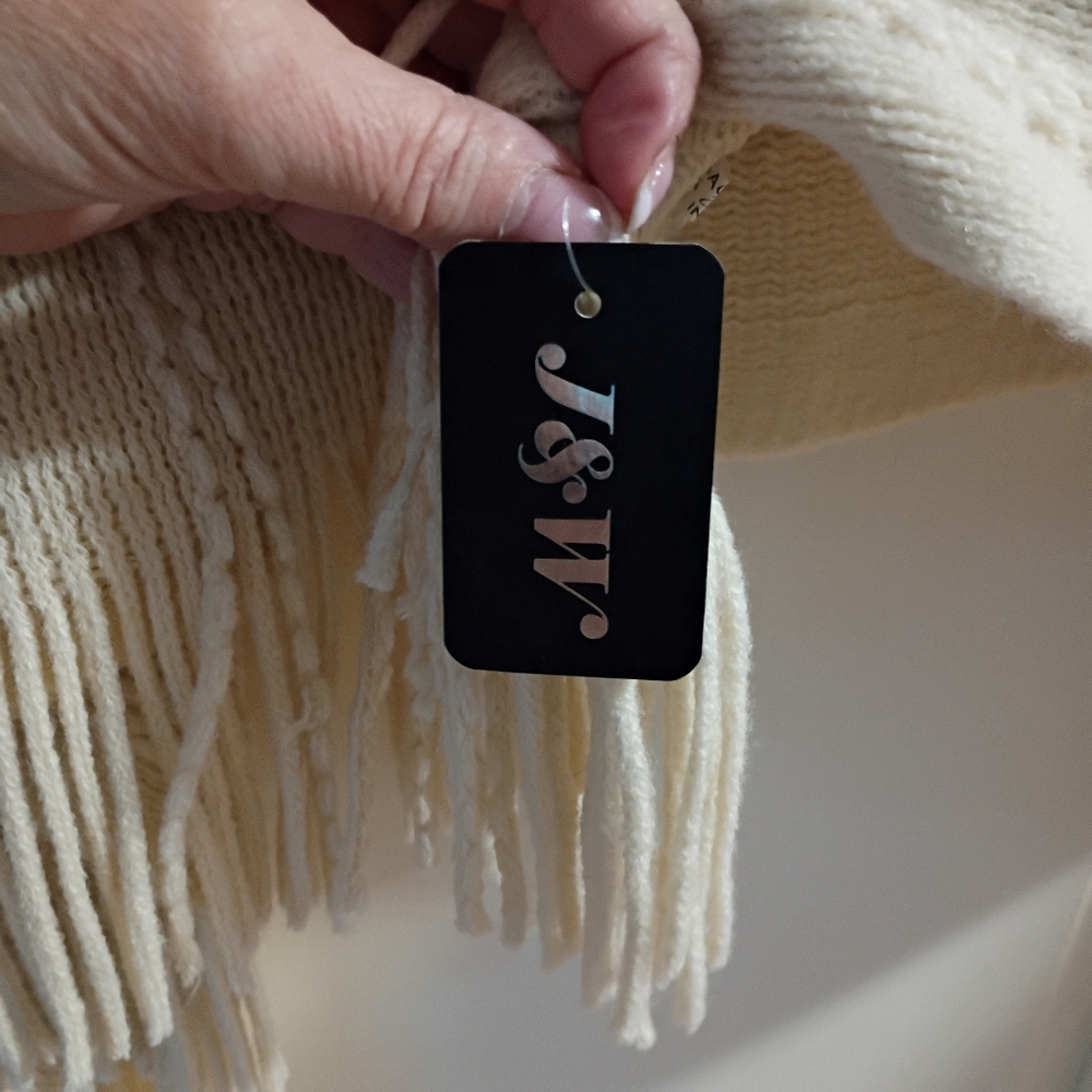 NWT.Cream Knit Poncho with Fringe and Button Detail - Picture 4 of 7